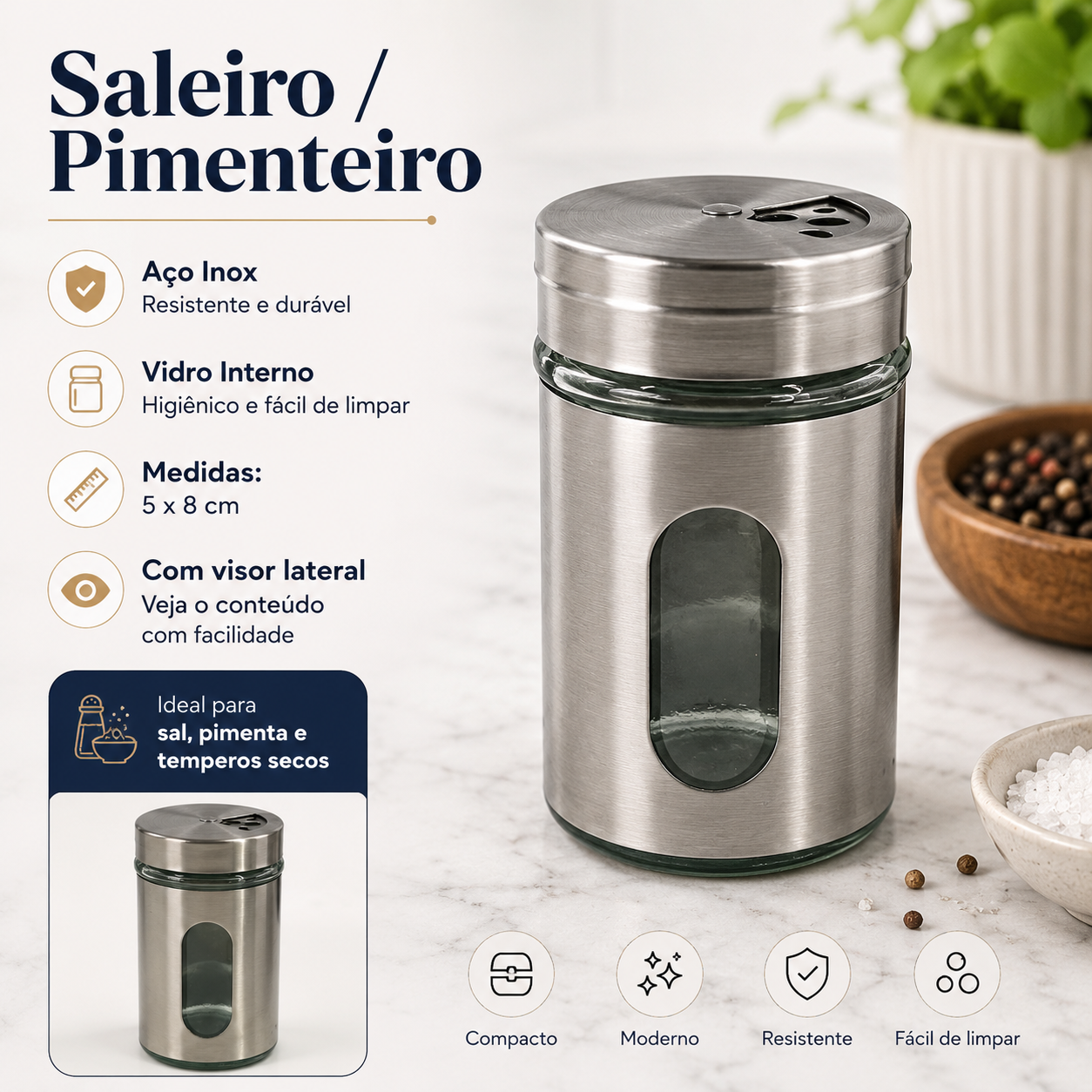 Saleiro Pimenteiro em Aço Inox 5x8 Cm com Vidro Interno