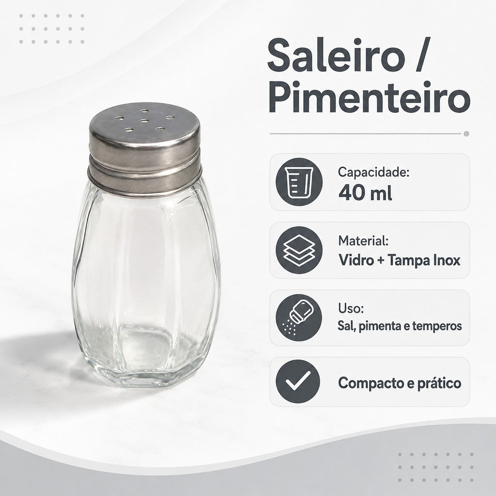 Saleiro Pimenteiro de Vidro com Tampa Inox 40 ML