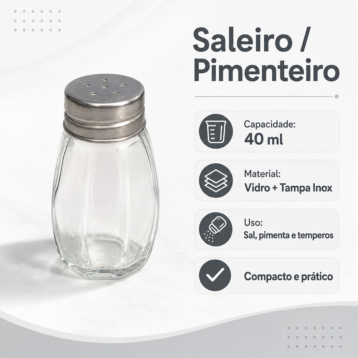 Saleiro Pimenteiro de Vidro com Tampa Inox 40 ML