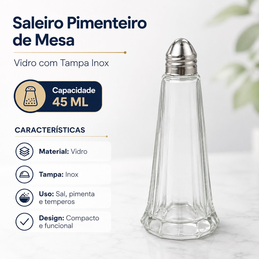 Saleiro Pimenteiro De Mesa em Vidro com Tampa Inox 45 ML
