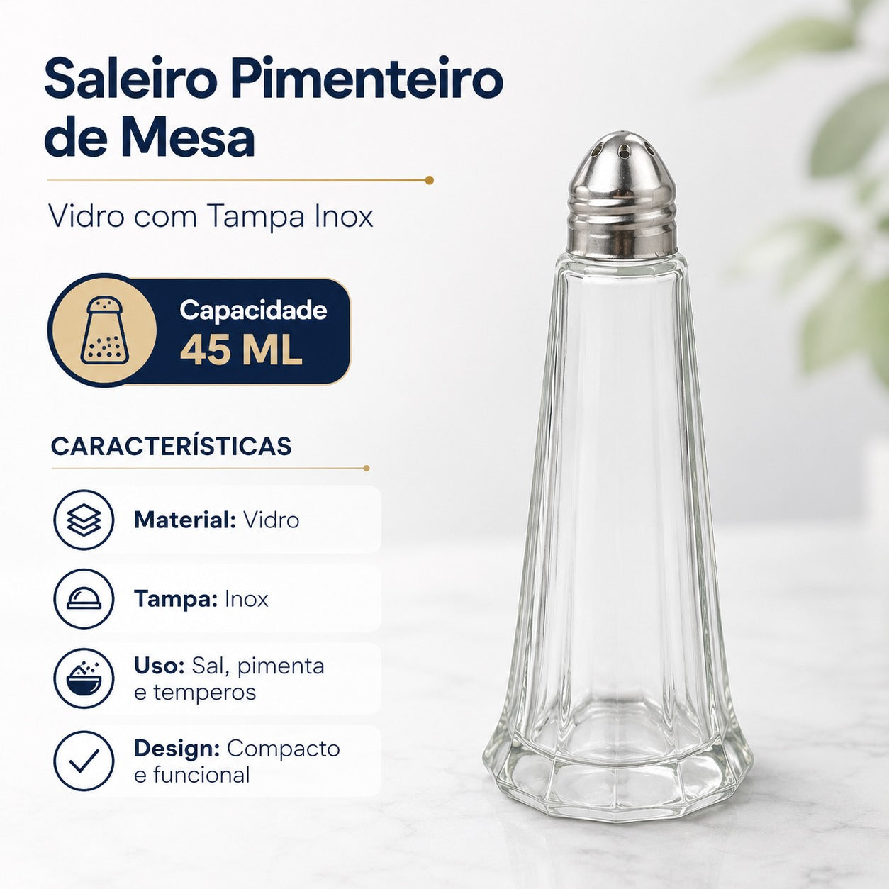 Saleiro Pimenteiro De Mesa em Vidro com Tampa Inox 45 ML