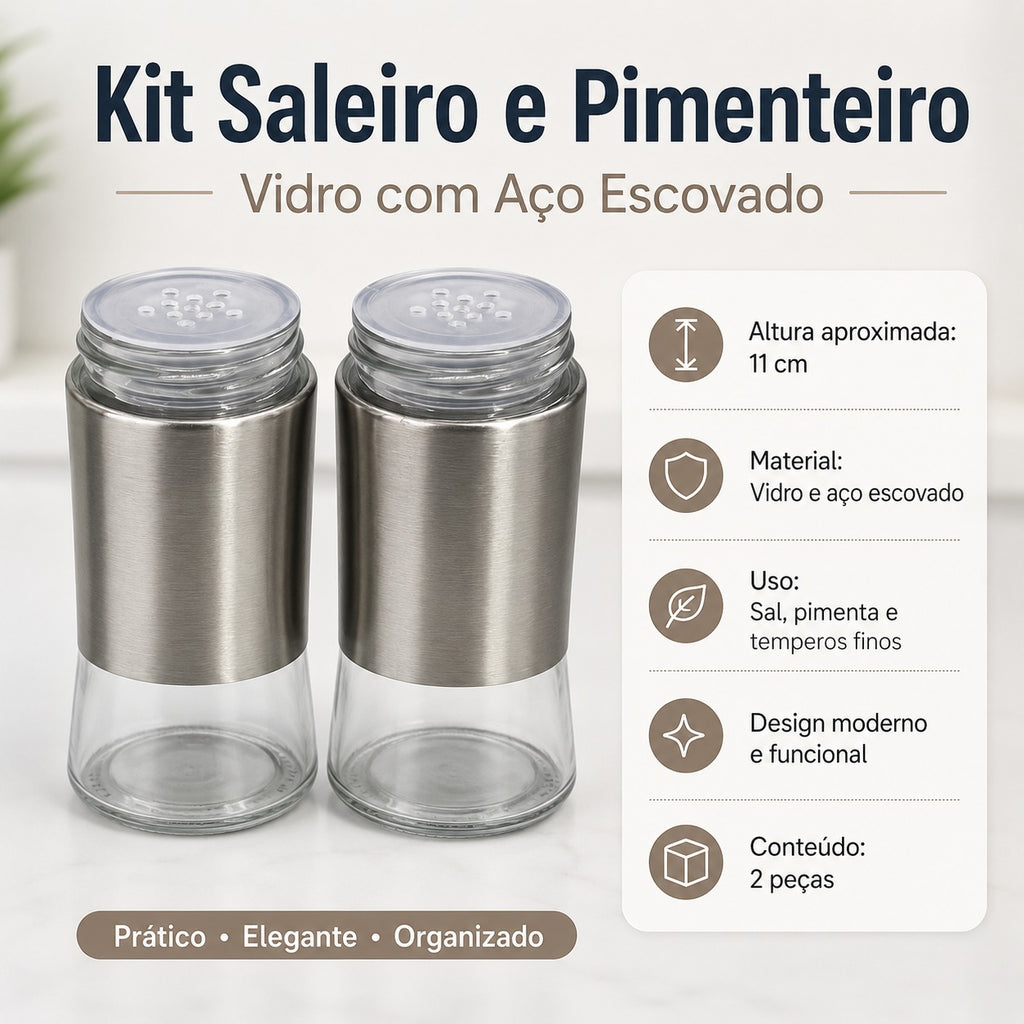 Kit Saleiro e Pimenteiro de Vidro com Aço Escovado 11 Cm
