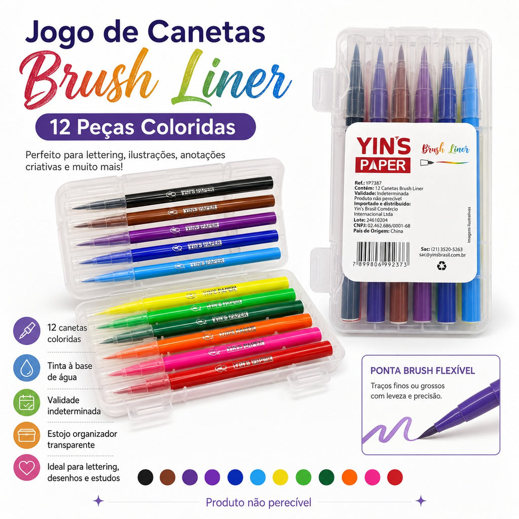 Jogo de Canetas Brush Liner 12 Peças Coloridas