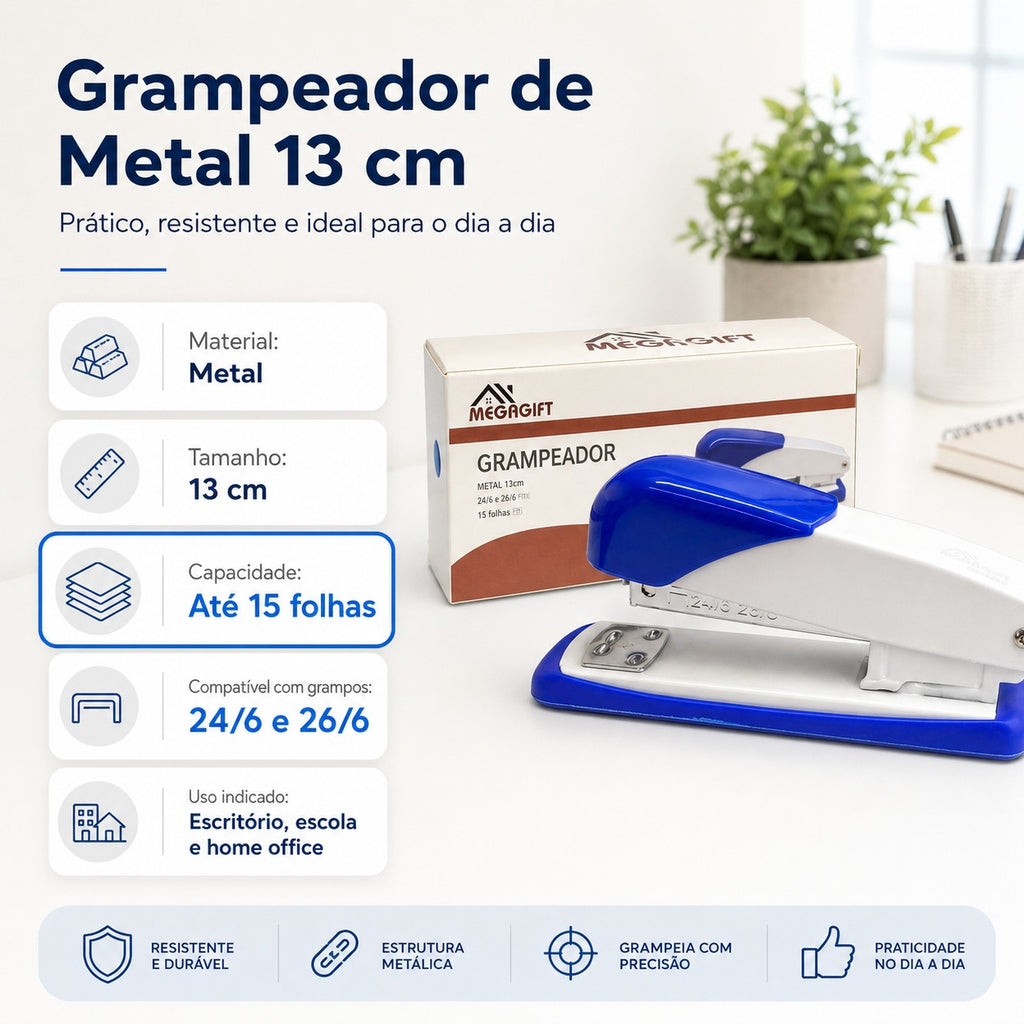 Grampeador de Metal 13Cm 24/6 e 26/6