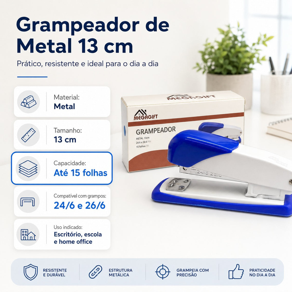 Grampeador de Metal 13Cm 24/6 e 26/6