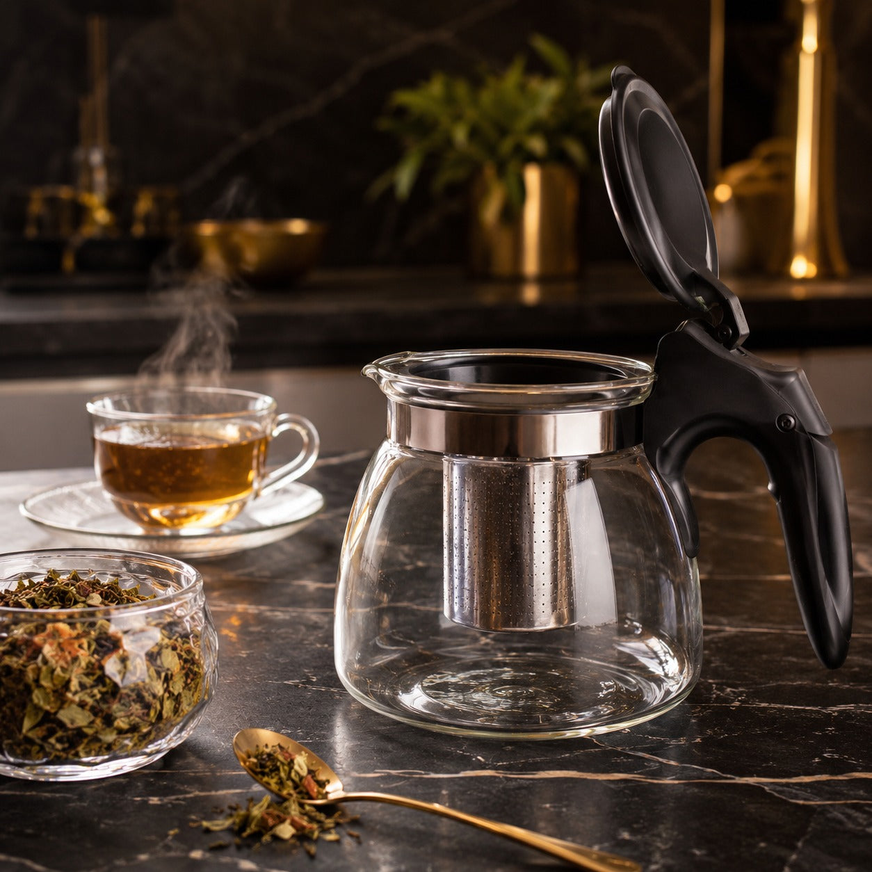 Chaleira de Vidro 1L Com Infusor e Abertura de Tampa Prática