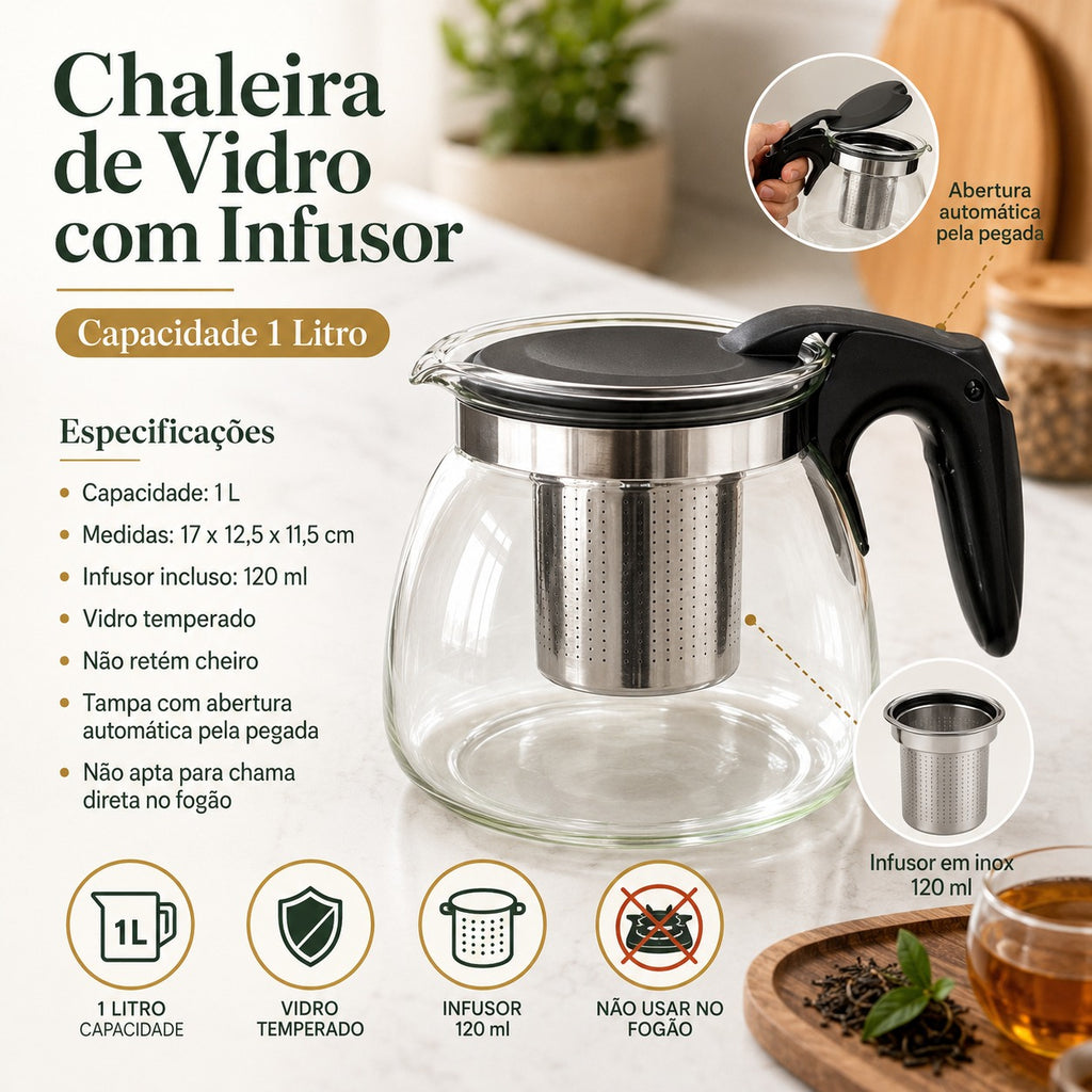 Chaleira de Vidro 1L Com Infusor e Abertura de Tampa Prática
