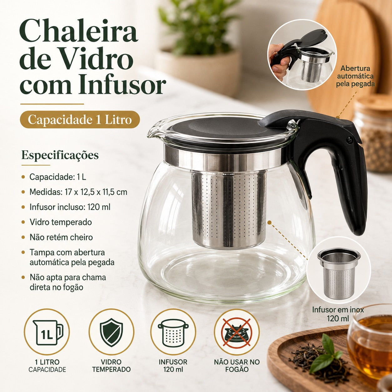 Chaleira de Vidro 1L Com Infusor e Abertura de Tampa Prática