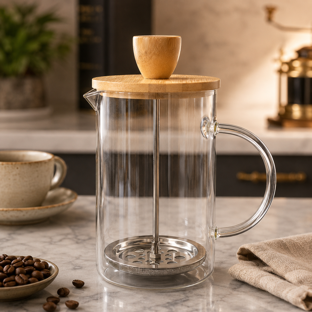 Cafeteira Prensa Francesa Tampa de Bambu 600 Ml -Prensa Inox