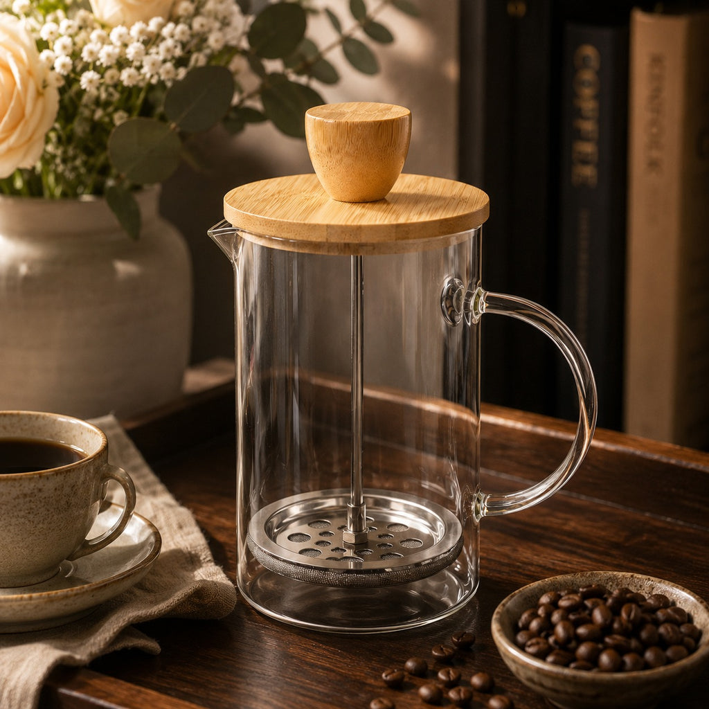 Cafeteira Prensa Francesa Tampa de Bambu 600 Ml -Prensa Inox