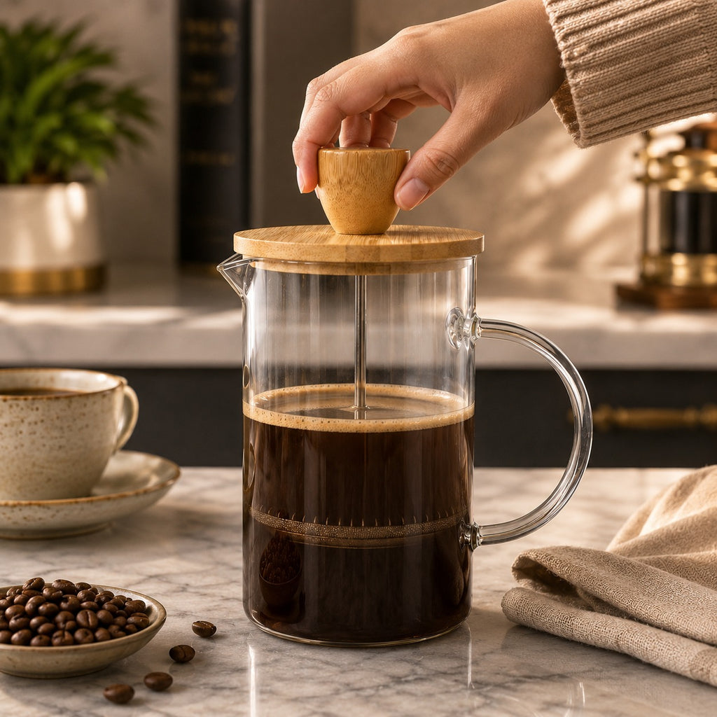 Cafeteira Prensa Francesa Tampa de Bambu 600 Ml -Prensa Inox