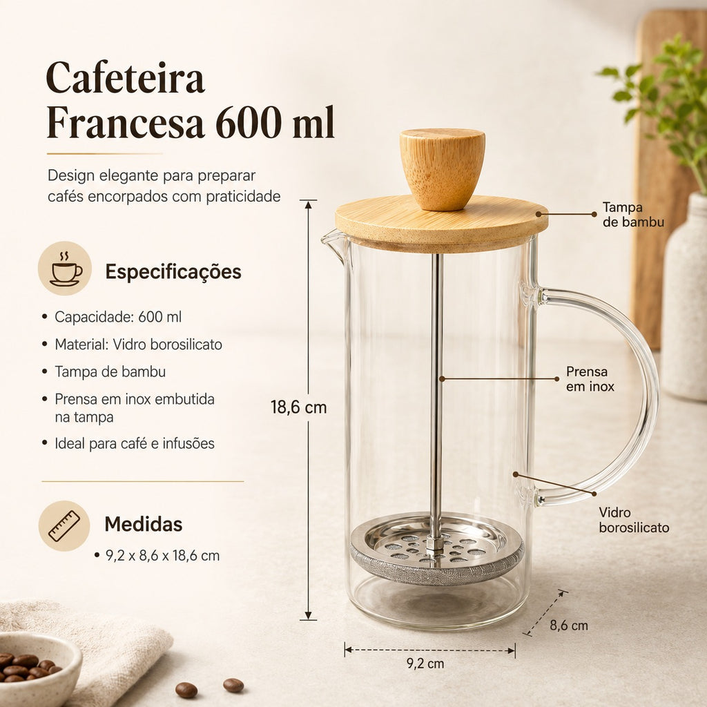 Cafeteira Prensa Francesa Tampa de Bambu 600 Ml -Prensa Inox