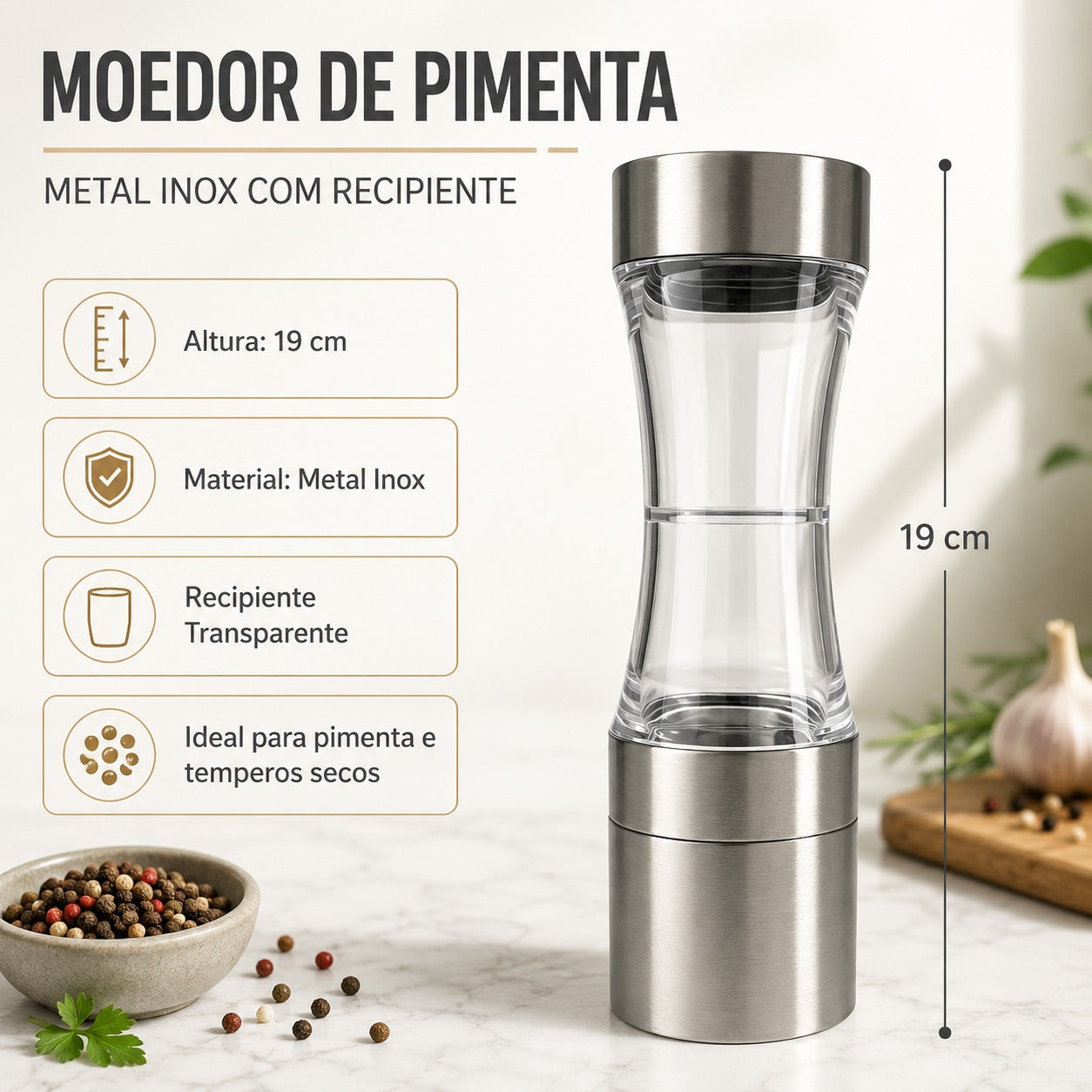 Moedor de Pimenta Metal Inox Com Recipimente 19 Cm