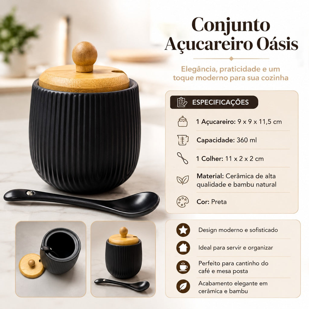 Açucareiro em Cerâmica C/Colher e Tampa em Bambu 360ml - Hauskraft