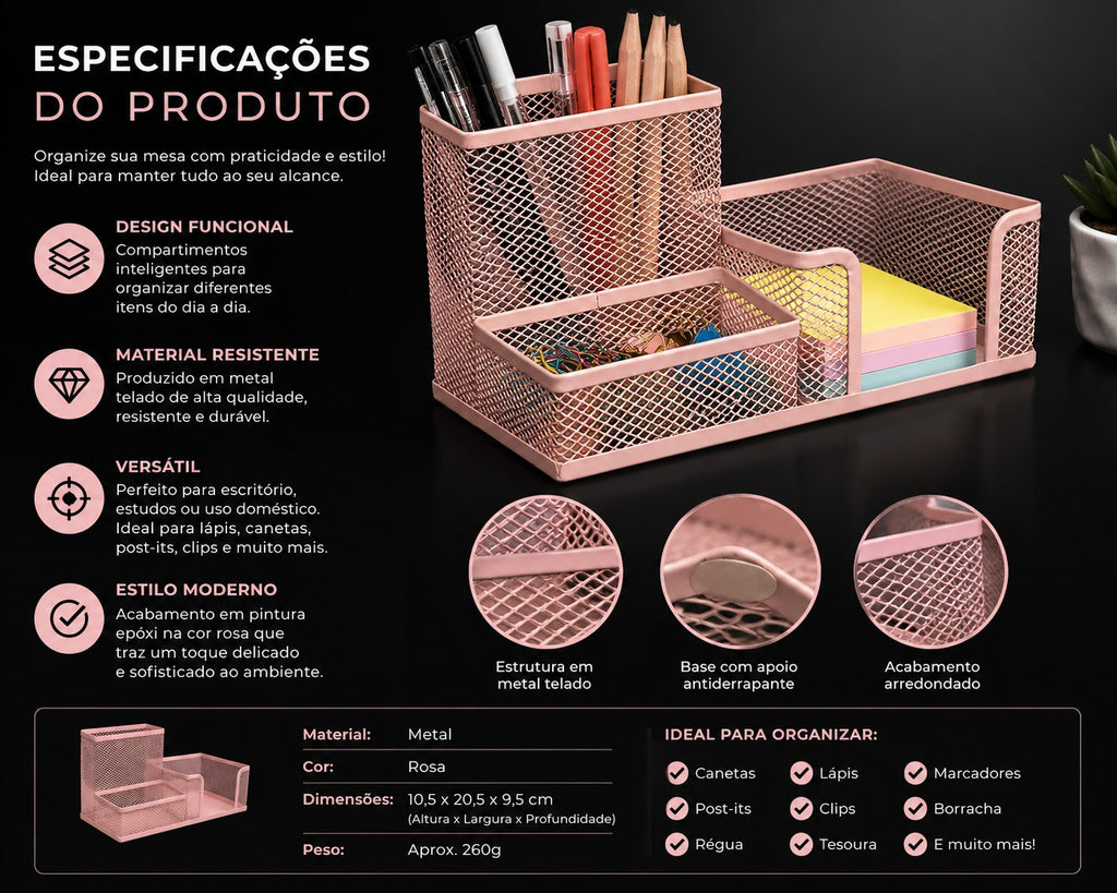 Organizador De Mesa Telado Escritório Porta Lápis Canetas Trecos Aramado
