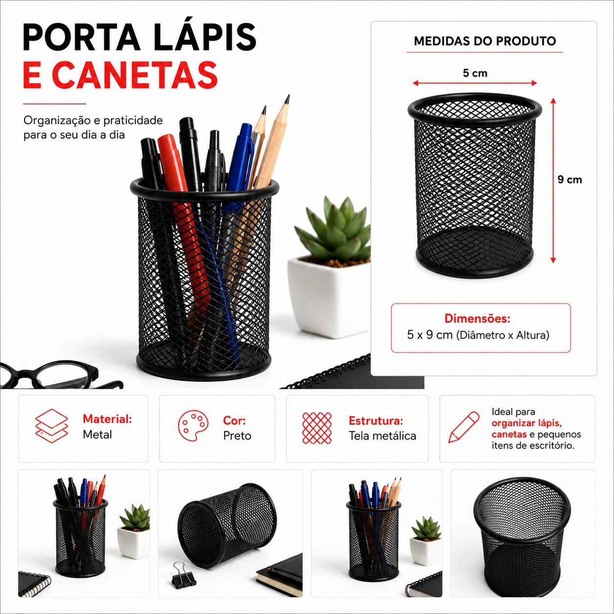 Porta Caneta Lápis Redondo Aramado Organizador P/ Escritório