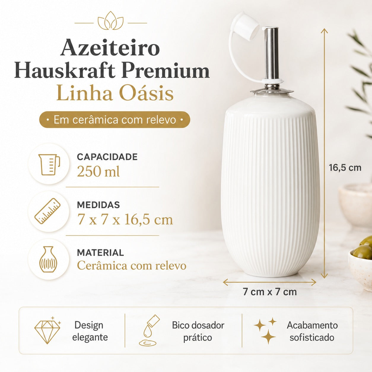 Azeiteiro de Cerâmica Oásis 250ml Com Vedação Aço Inoxidavél Hauskraft