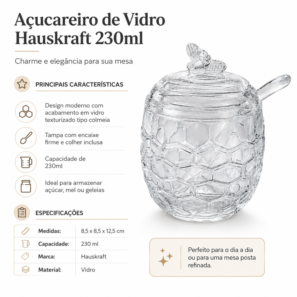 Açucareiro 230ML em Vdro Linha Bee Huaskraft 12Cm e Colher