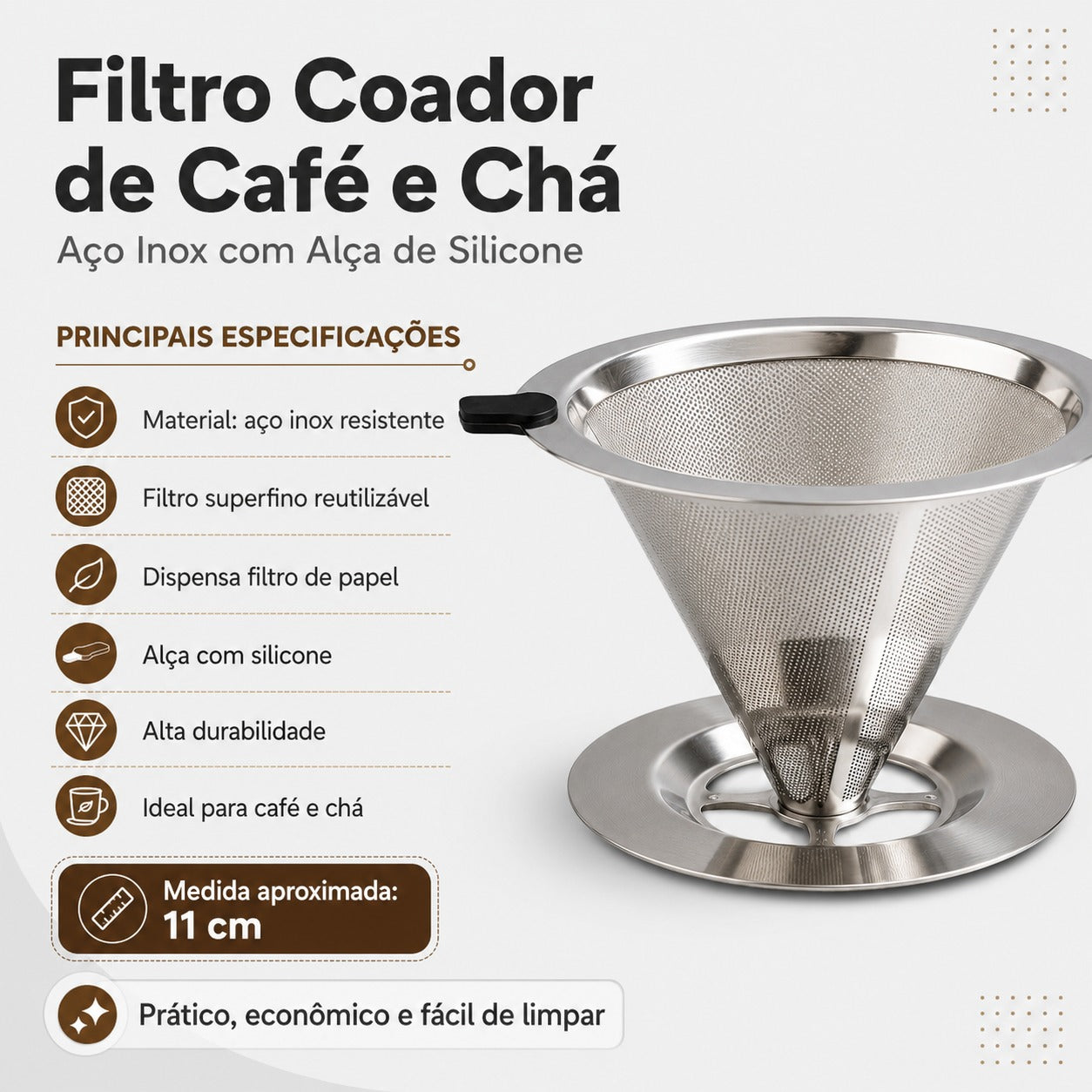 Filtro coador de Café Chá em Aço Inox com Alça Silicone 11cm
