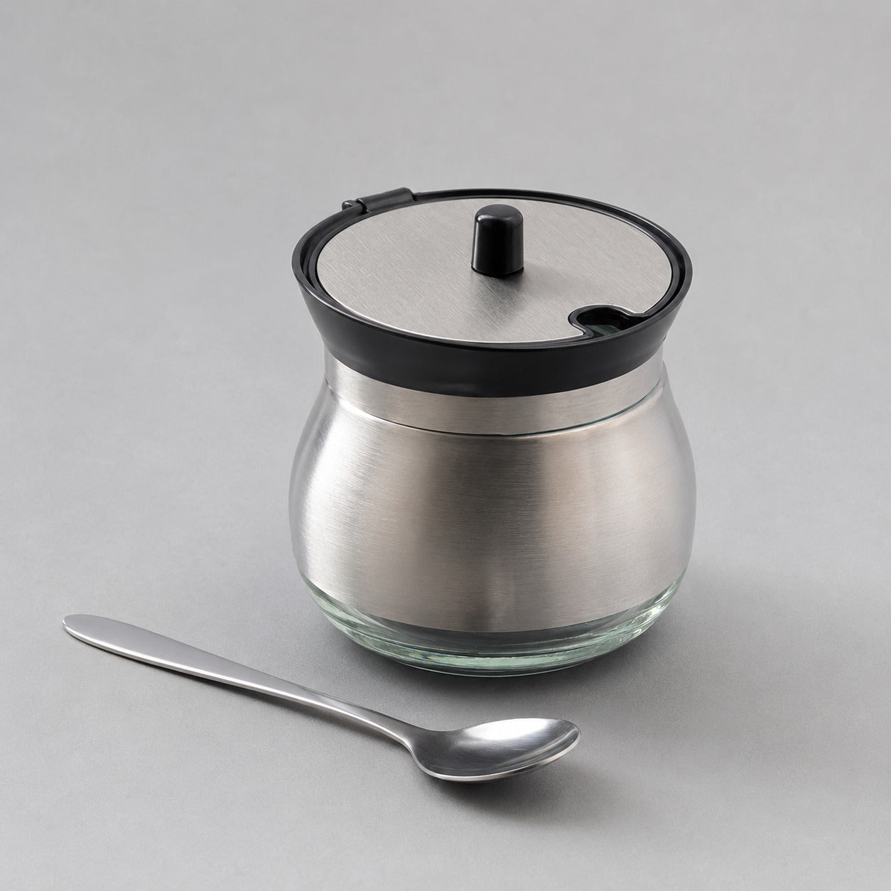 Açucareiro de Vidro Revestido em Aço Inox e Colher 220 ML