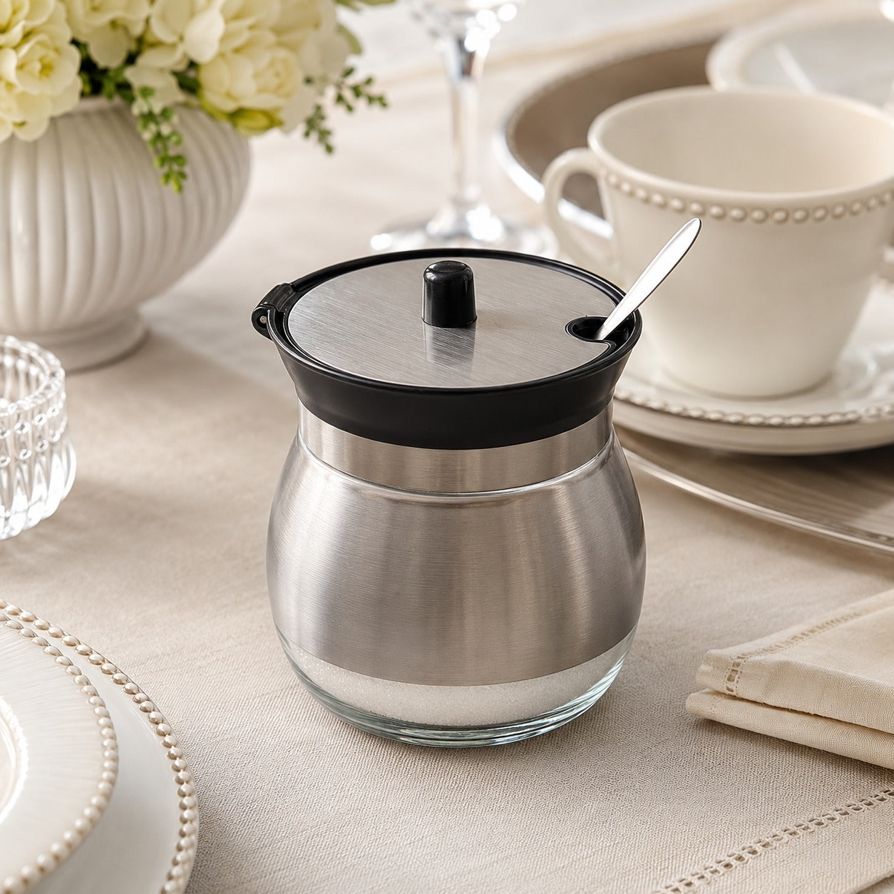 Açucareiro de Vidro Revestido em Aço Inox e Colher 220 ML