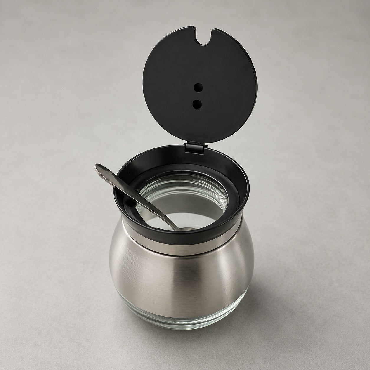 Açucareiro de Vidro Revestido em Aço Inox e Colher 220 ML