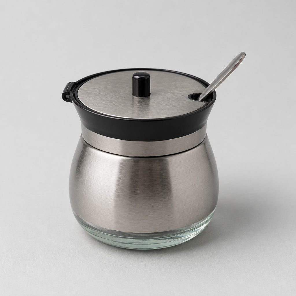 Açucareiro de Vidro Revestido em Aço Inox e Colher 220 ML