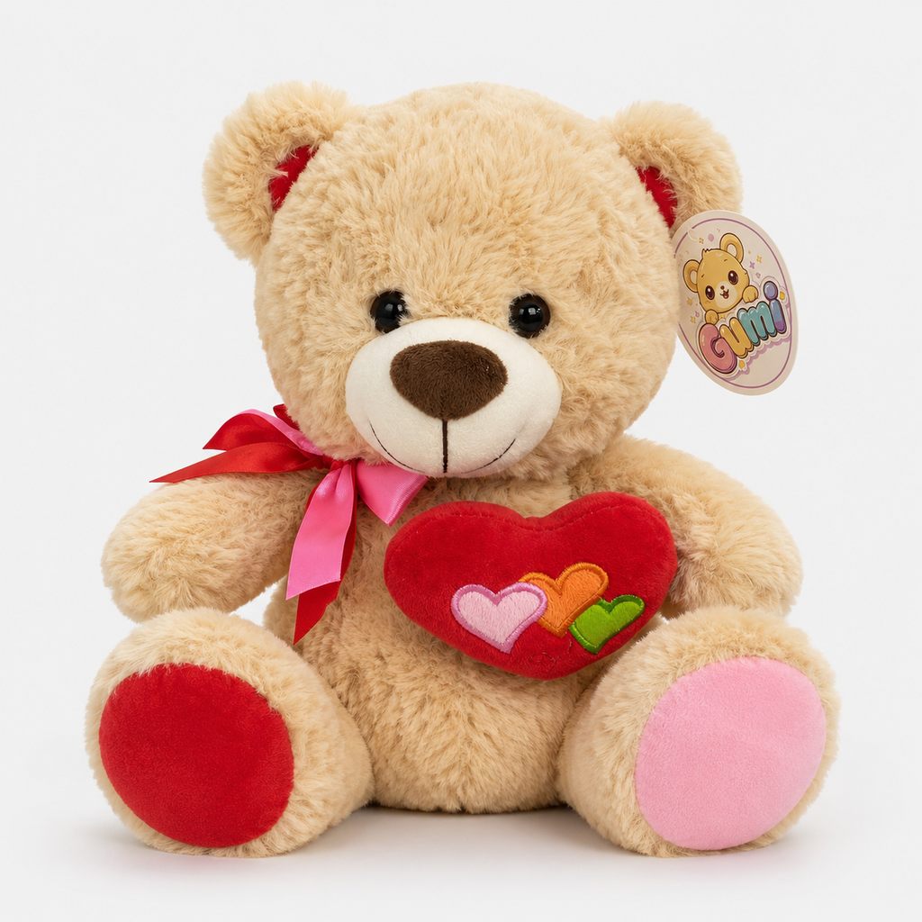 Urso de Pelúcia 30 cm Coração Vermelho e Laço Romântico