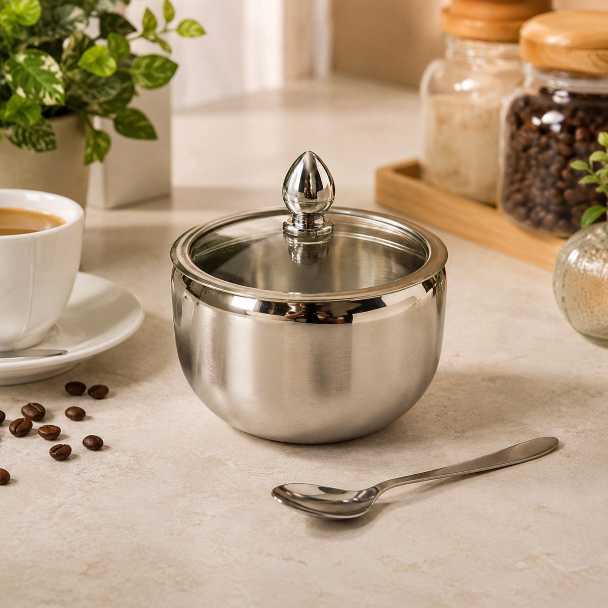 Açucareiro de Luxo Aço Inox c/Colher e Tampa de Vidro 230ML