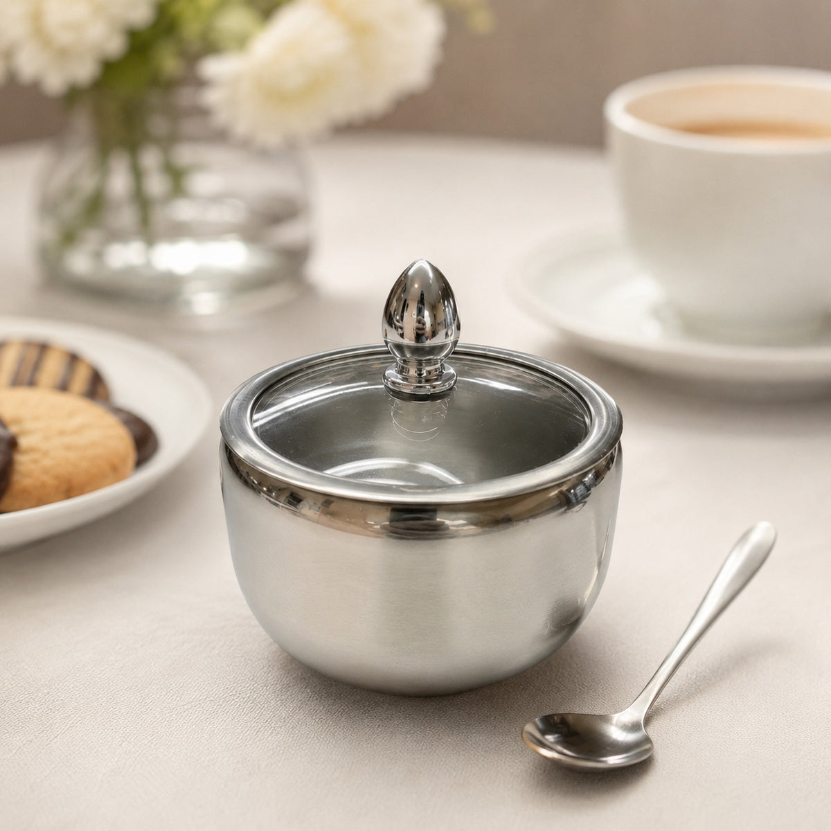 Açucareiro de Luxo Aço Inox c/Colher e Tampa de Vidro 230ML