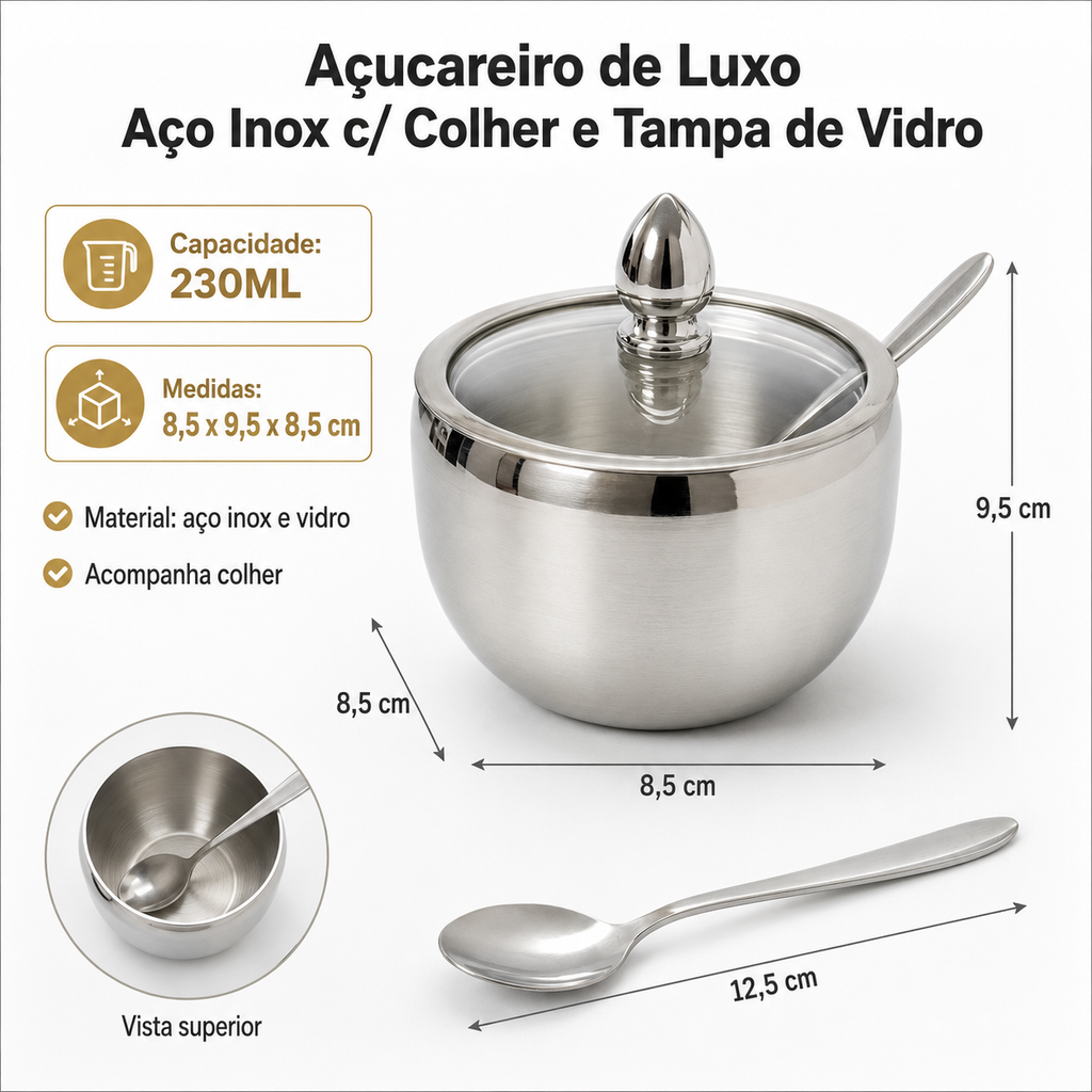 Açucareiro de Luxo Aço Inox c/Colher e Tampa de Vidro 230ML