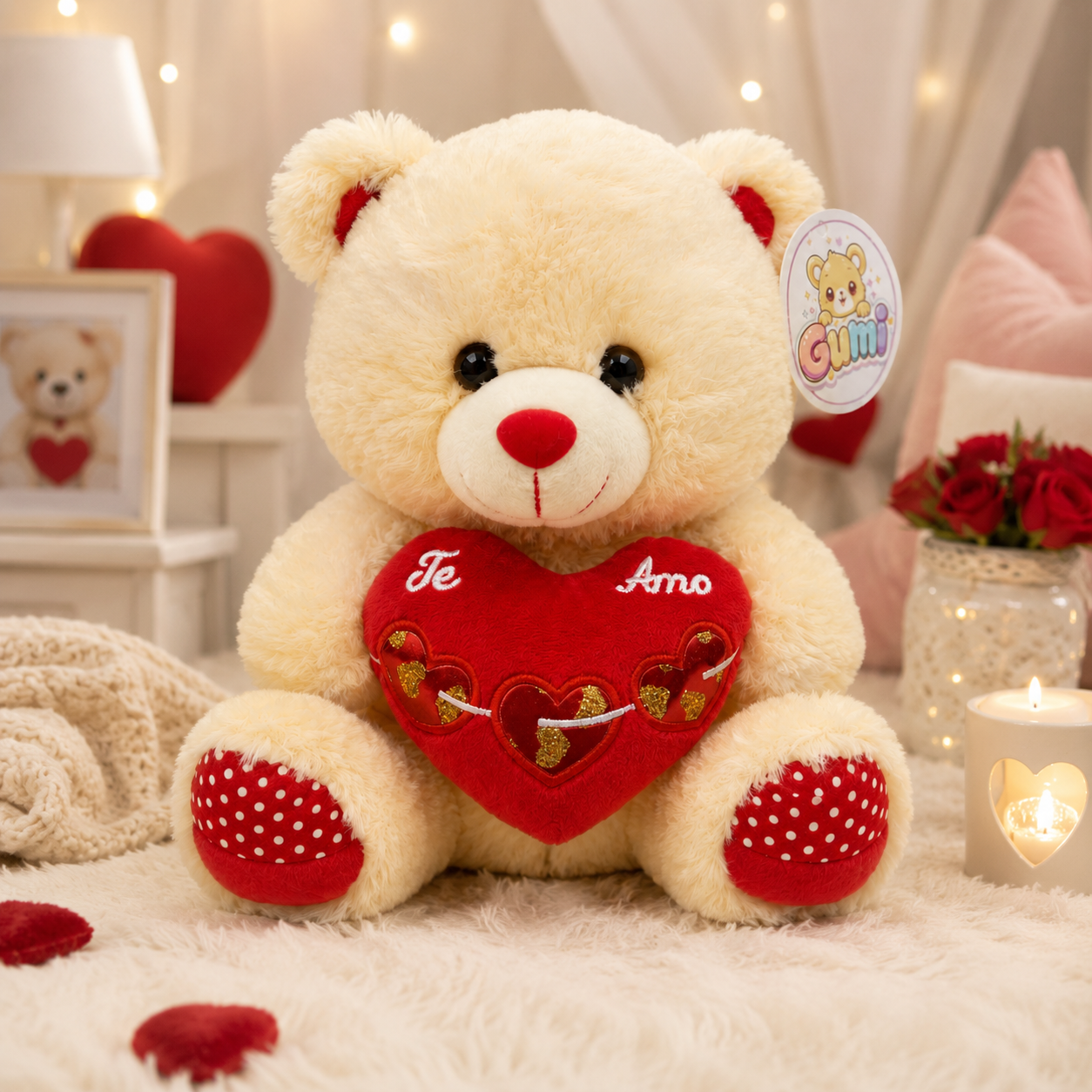 Ursinho de Pelúcia 25Cm Com Coração Bordado Detalhe Dourado