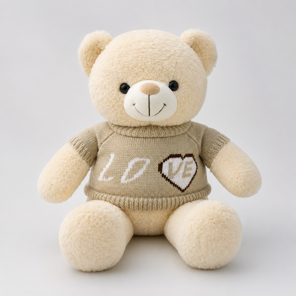 Urso de Pelúcia 50cm Com Suéter Bege Rosa e Branco