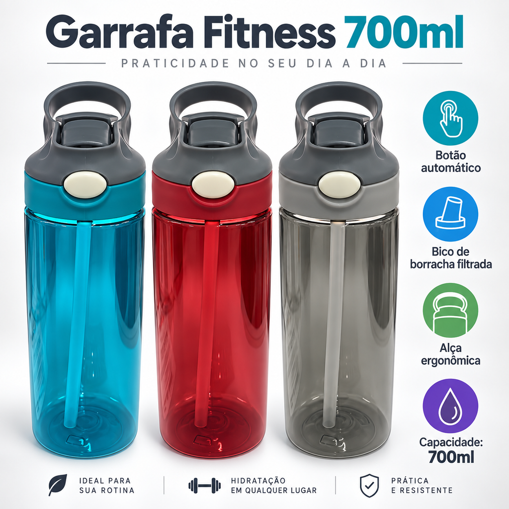 Garrafa Fitness 700ML Com Tampa Automática Com Botão e Alça