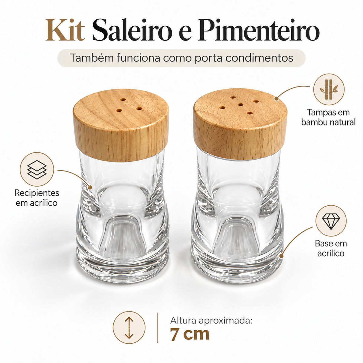 Kit Saleiro e Pimenteiro Multiuso Acrílico e Tampa Bambu para Cozinha