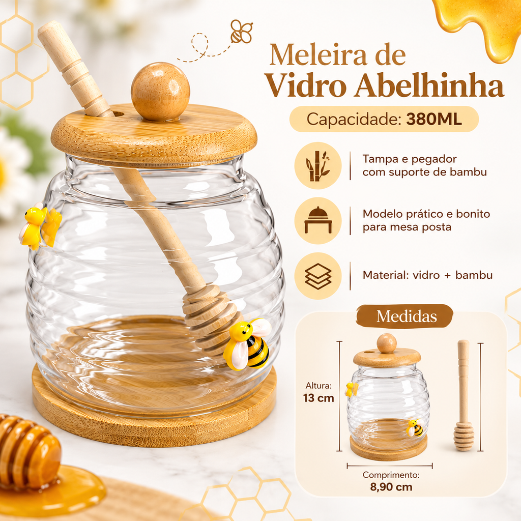 Meleira de Vidro Abelhinha 380ml Tampa Bambu e Pegador para Mel Mesa Posta