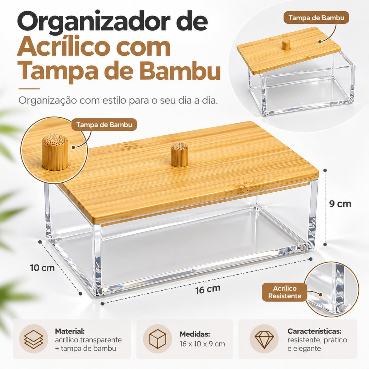 Organizador de Acrílico com Tampa de Bambu 16x10 Resistente