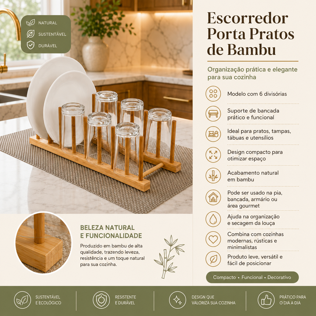 Escorredor Porta Pratos  c/ 6 Divisórias Suporte De Bancada De Bambu