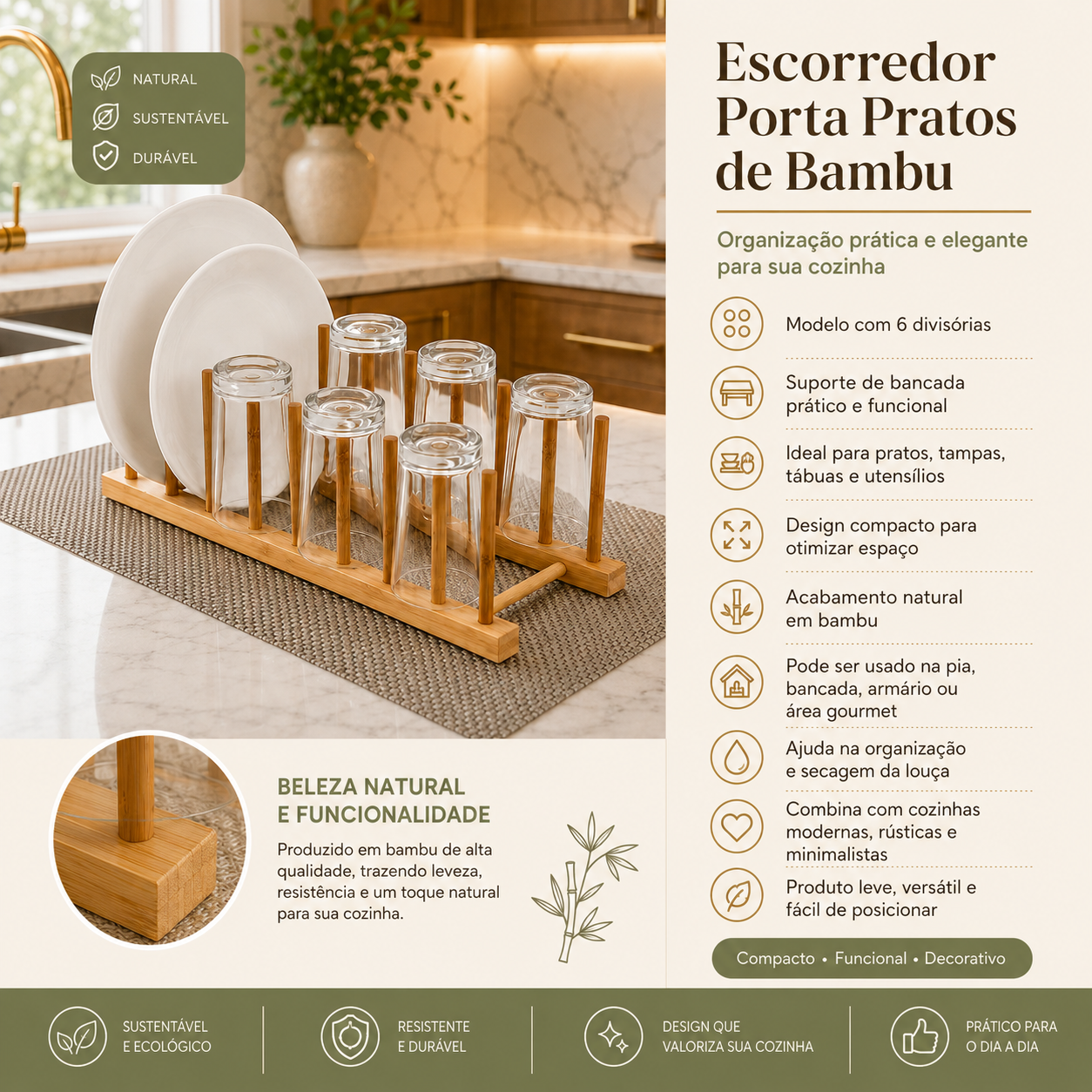 Escorredor Porta Pratos  c/ 6 Divisórias Suporte De Bancada De Bambu