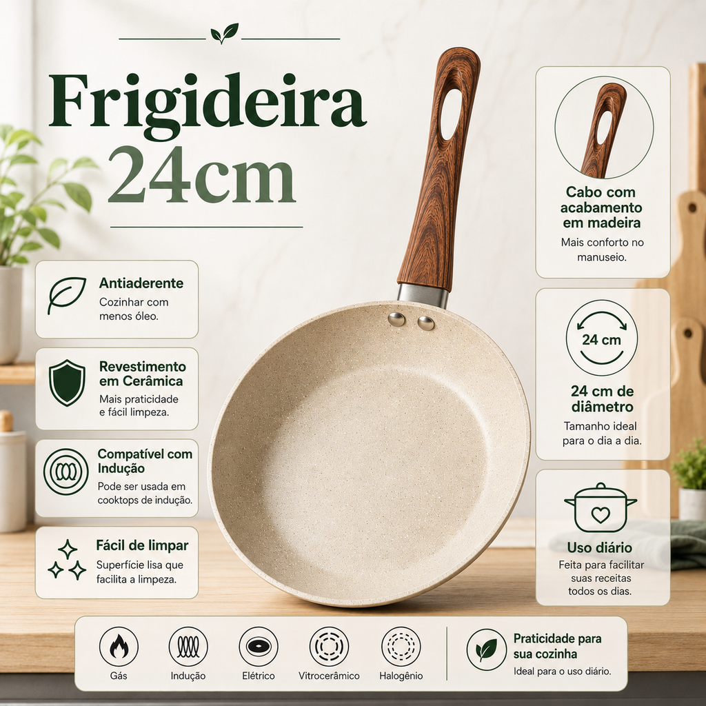 Frigideira 24cm  Antiaderente Cabo de Madeira Revestimento em Cerâmica