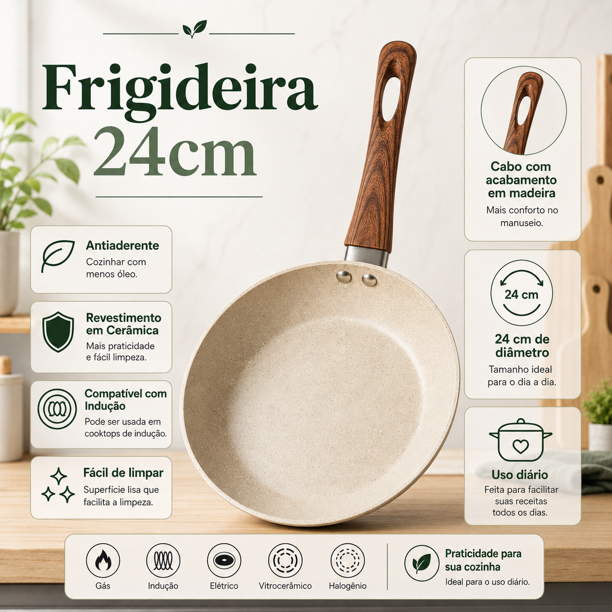 Frigideira 24cm  Antiaderente Cabo de Madeira Revestimento em Cerâmica