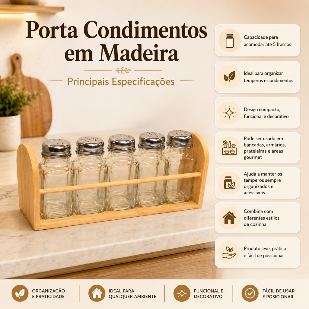 Kit Porta condimentos de bambu + 5 potes 80 ml para cozinha armazenador de temperos