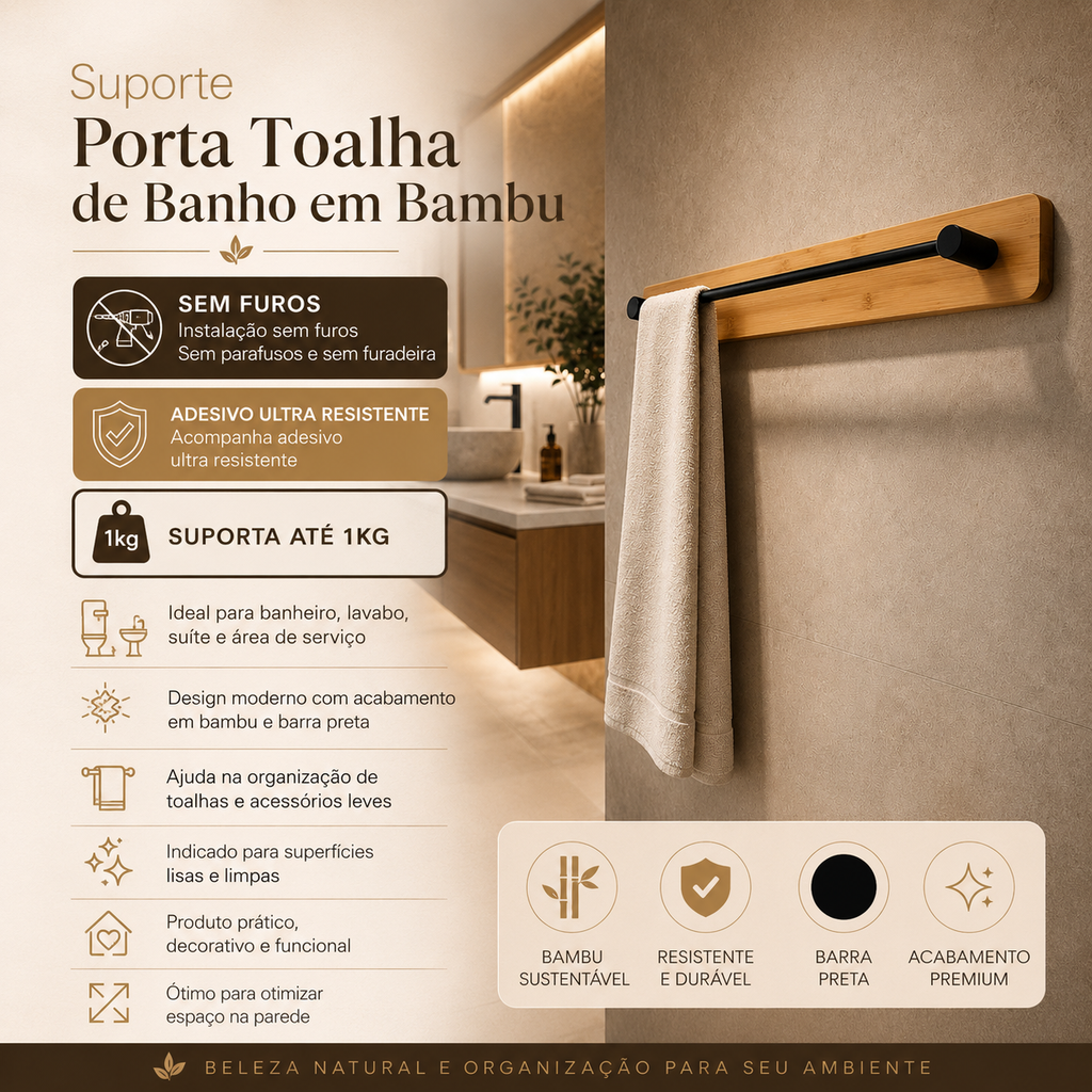 Suporte Porta Toalha de Banho Bambu Sem Furos com Adesivo Ultra Resistente
