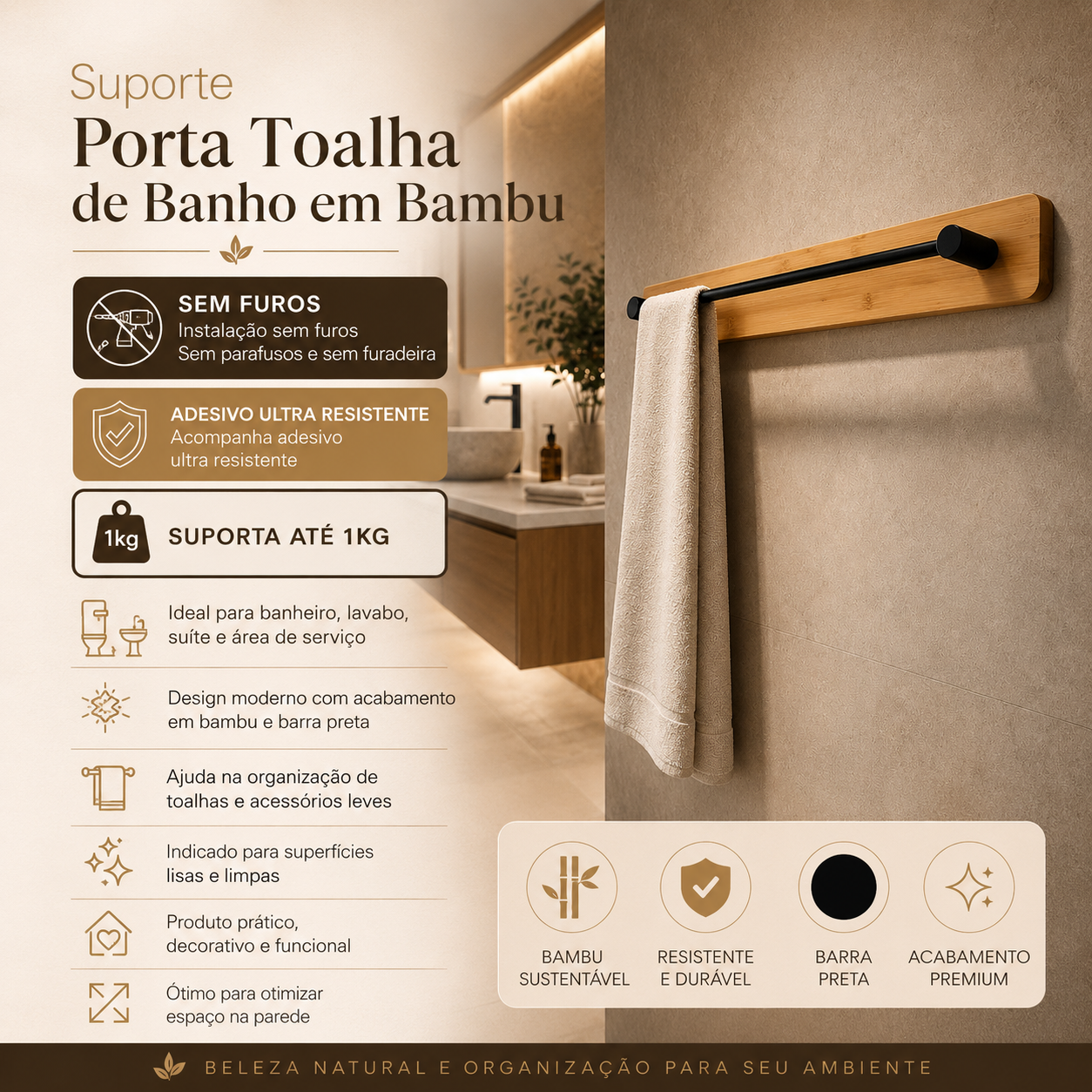 Suporte Porta Toalha de Banho Bambu Sem Furos com Adesivo Ultra Resistente