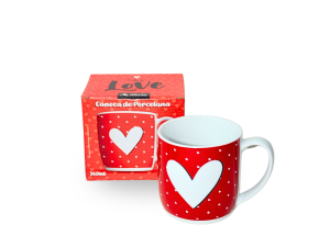 Caneca de porcela  330ml love com bolinhas e coração - dia dos namorados