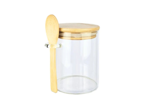 Pote de vidro com colher 650ml com tampa de bambu delicado