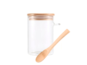 Pote de vidro hermético com colher 800ml e tampa de bambu