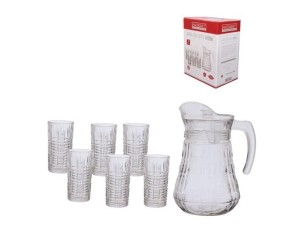 Conjunto de jarra com 6 copos de vidro transparentes com detalhes - LINHA ATHENAS – cjps090 - HAUSKRAFT