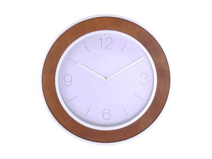 Relógio de parede branco com destaque em madeira - imporiente