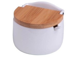 Saleiro de Mesa de Cerâmica c/ Tampa de Bambu e Colher 10x9,5cm – 2441 